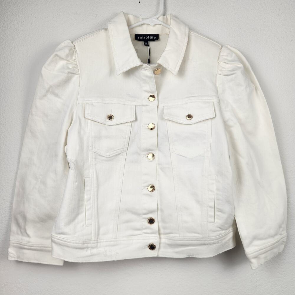 Retrofete Ada Denim Jacket White Puff Sleeve Size XL NWT Gold Tone Buttons